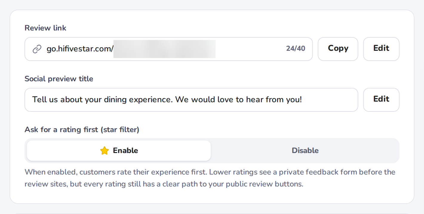 Review Link settings: the review link, the social preview title, and Ask for a rating first (star filter) with Enable and Disable
