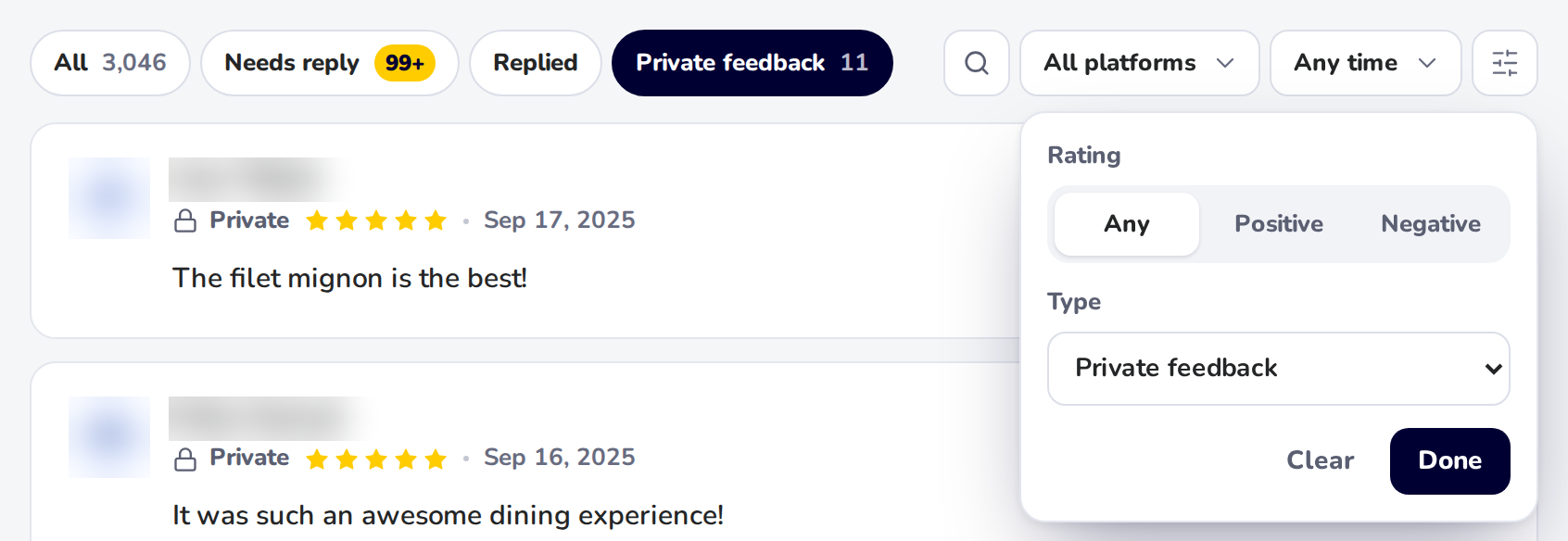 More filters open, with Type set to Private feedback and private feedback listed below
