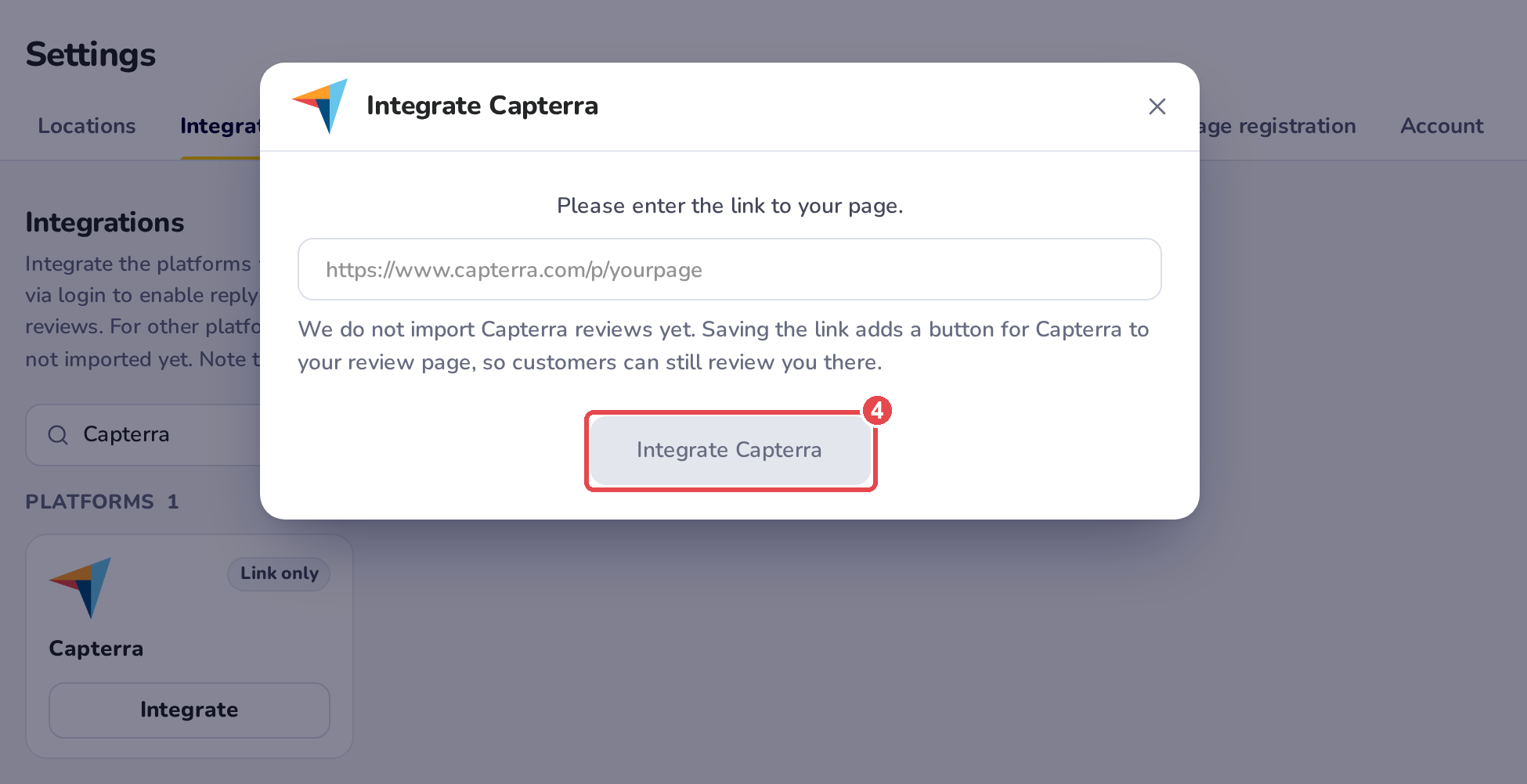 The Integrate Capterra window: Please enter the link to your page, the field for your Capterra page link, and the Integrate Capterra button, grey until a link is in the field