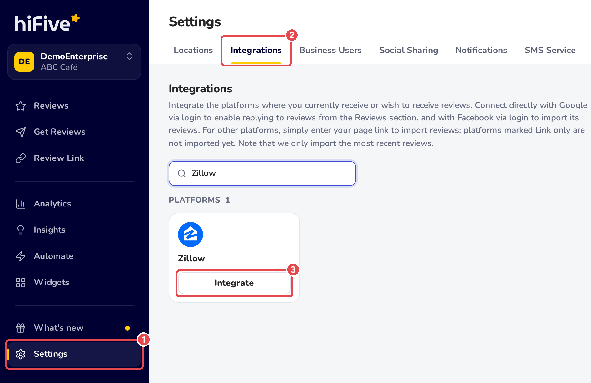 Settings, Integrations: Zillow typed in the search box, and the Zillow card with its Integrate button