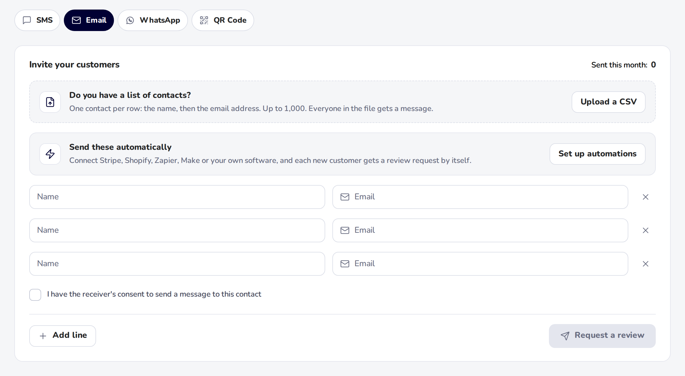 The Email Invite your customers form with three Name and Email lines, after Add line