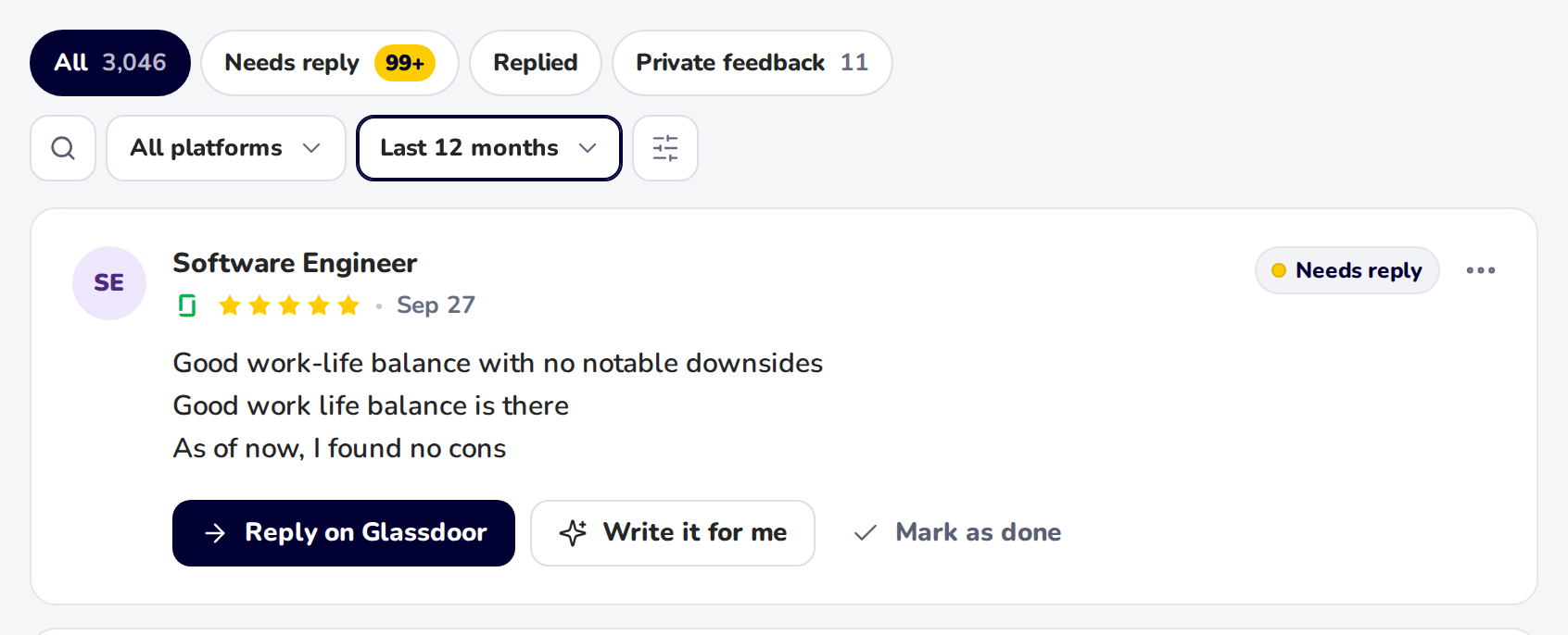 The date filter above the reviews, set to Last 12 months