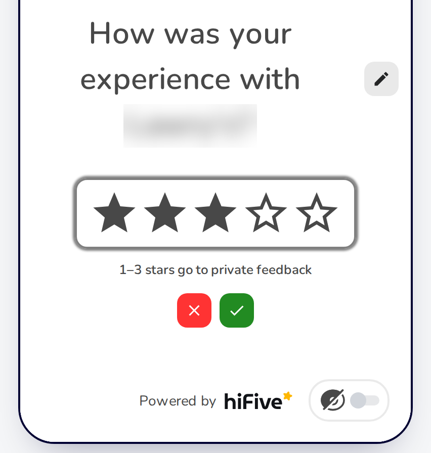 The review page preview in Review Link with the star threshold open: three stars chosen, so 1 to 3 stars go to private feedback, with the red cancel and green save buttons.