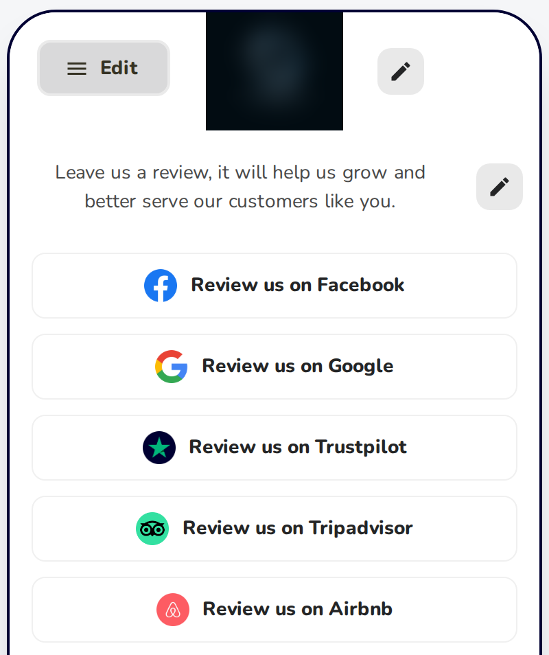 Preview of the review page on its review-site step: a short line asking for a review above the Review us on Facebook, Google, Trustpilot, Tripadvisor and Airbnb buttons