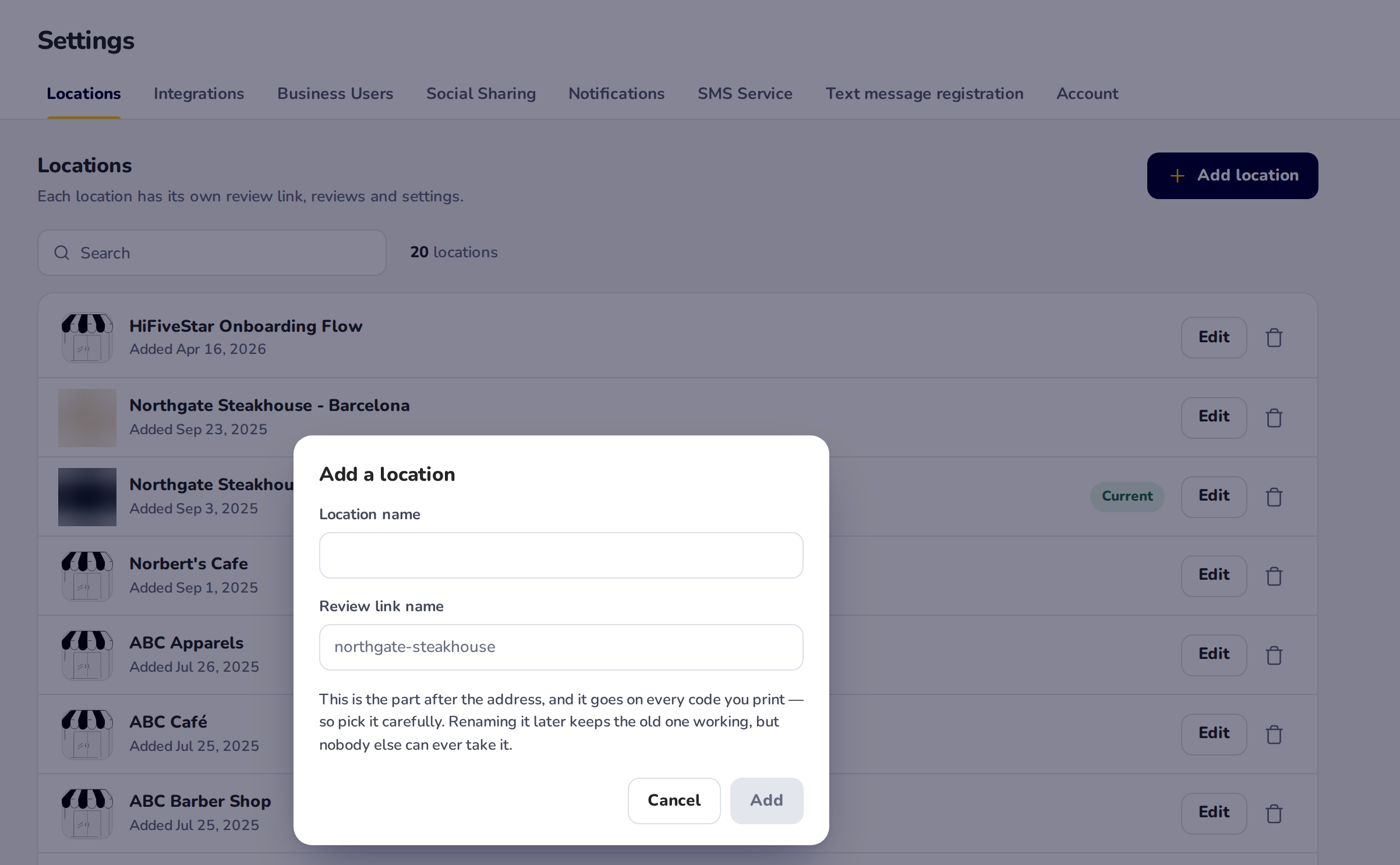 Settings, Locations: the locations listed one per row, with the Add a location window asking for a location name and a review link name