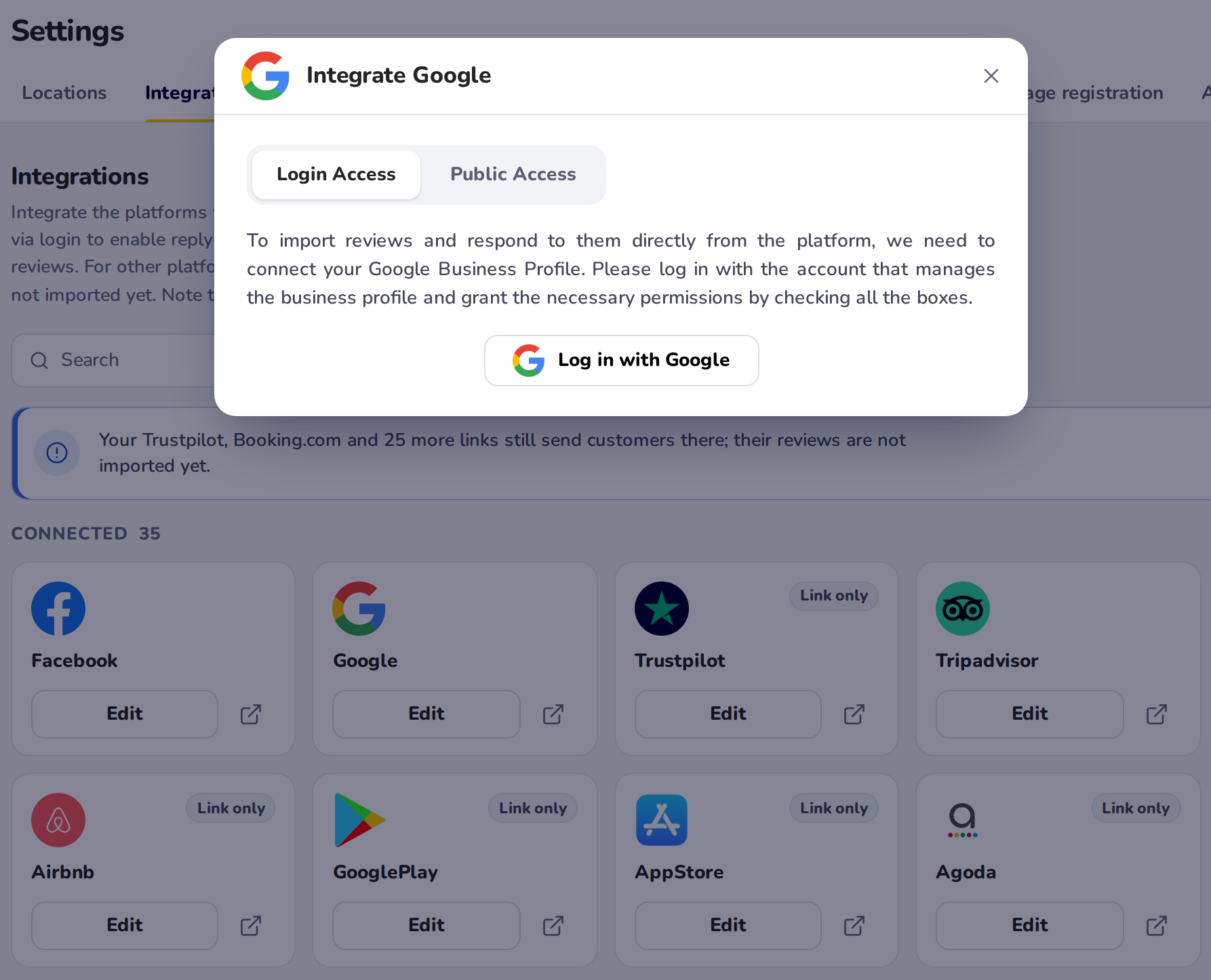 Settings, Integrations: the Google card's window open on its Login Access tab, with Log in with Google, in front of the connected review sites