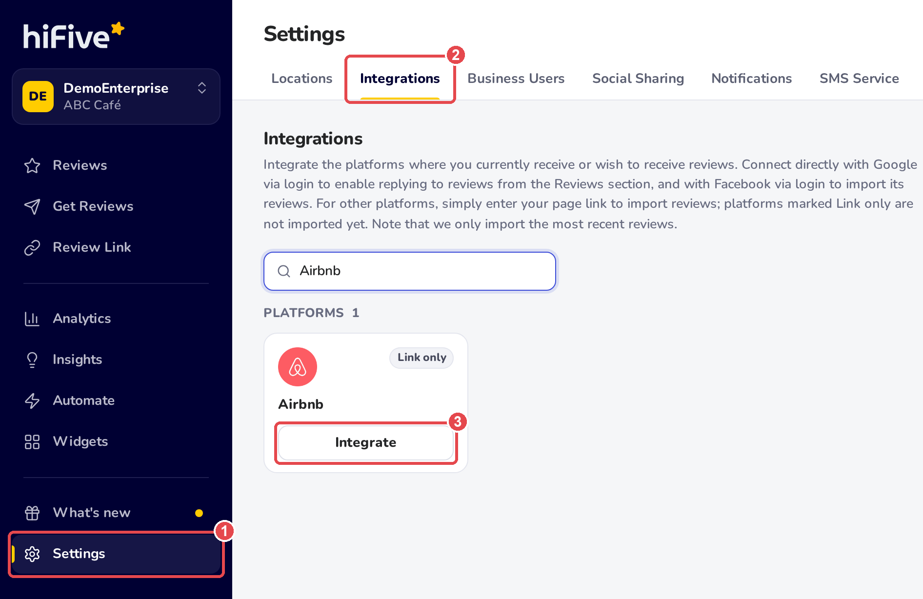 Settings, Integrations: Airbnb typed in the search box, and the Airbnb card, marked Link only, with its Integrate button