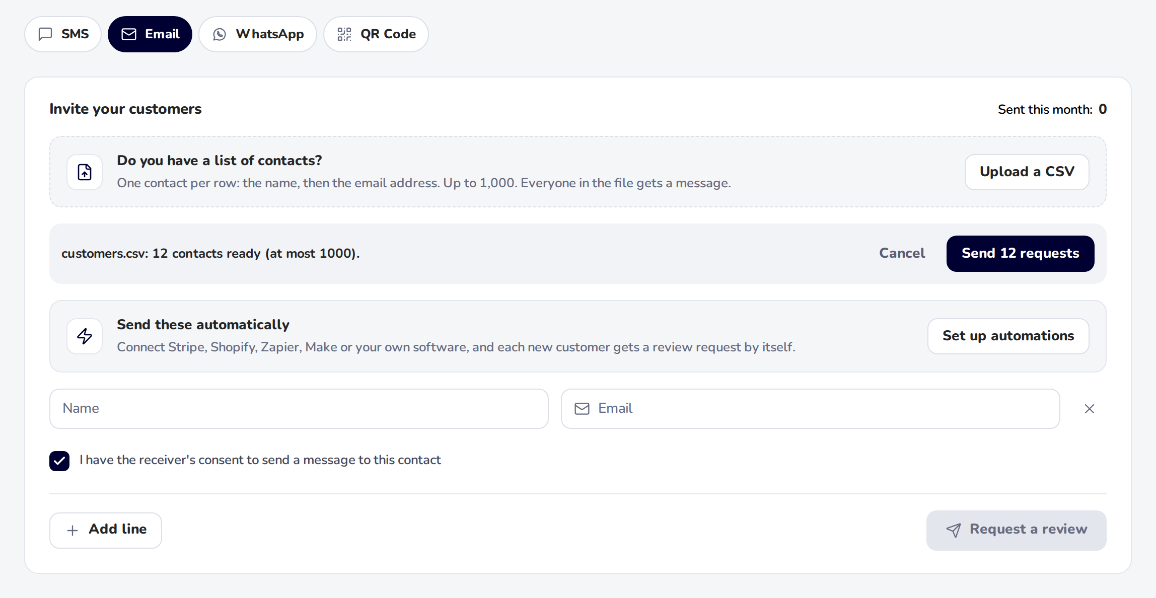 A CSV file chosen on the Email tab: the box shows the file name, 12 contacts ready, Cancel and Send 12 requests