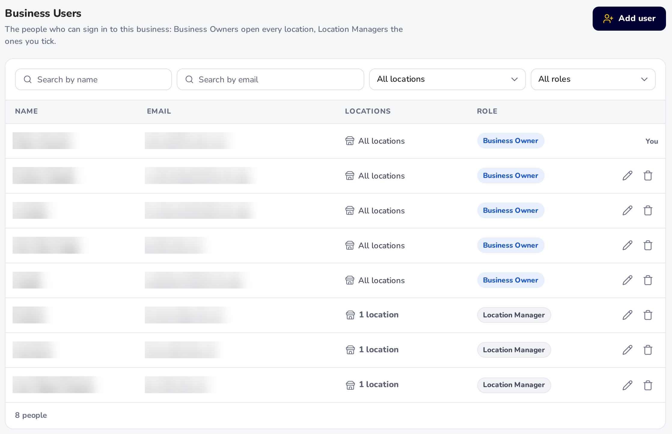 Settings, Business Users: each person's locations (All locations or 1 location) and role (Business Owner or Location Manager), with names and emails blurred