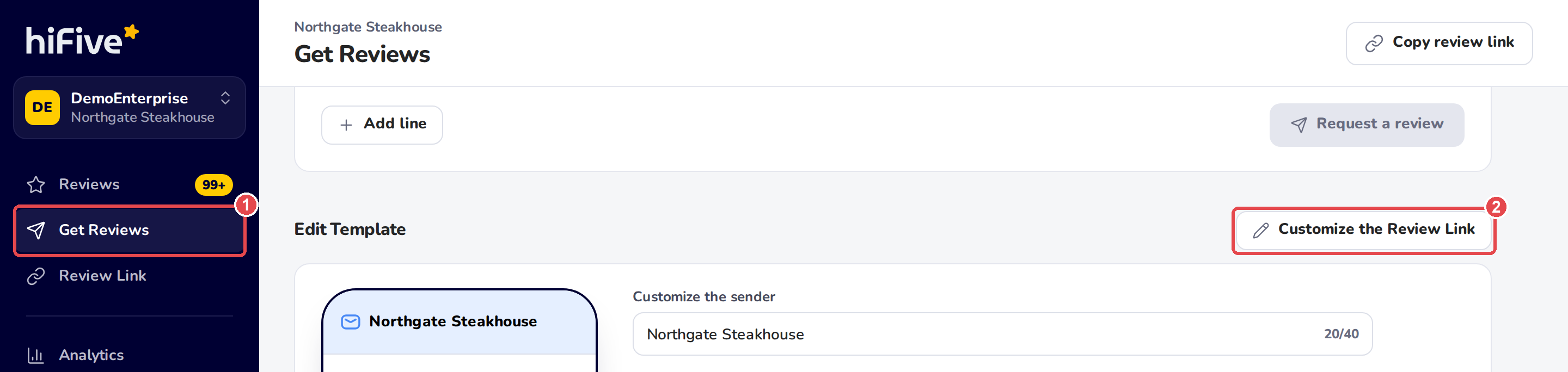 1 Get Reviews in the menu, 2 the Customize the Review Link button beside Edit Template