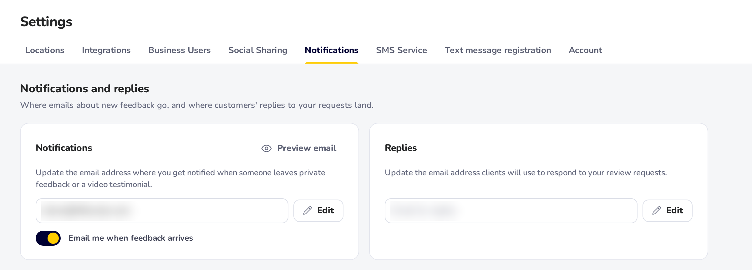 Settings, Notifications: the email for notifications with its Email me when feedback arrives switch, and the email for replies