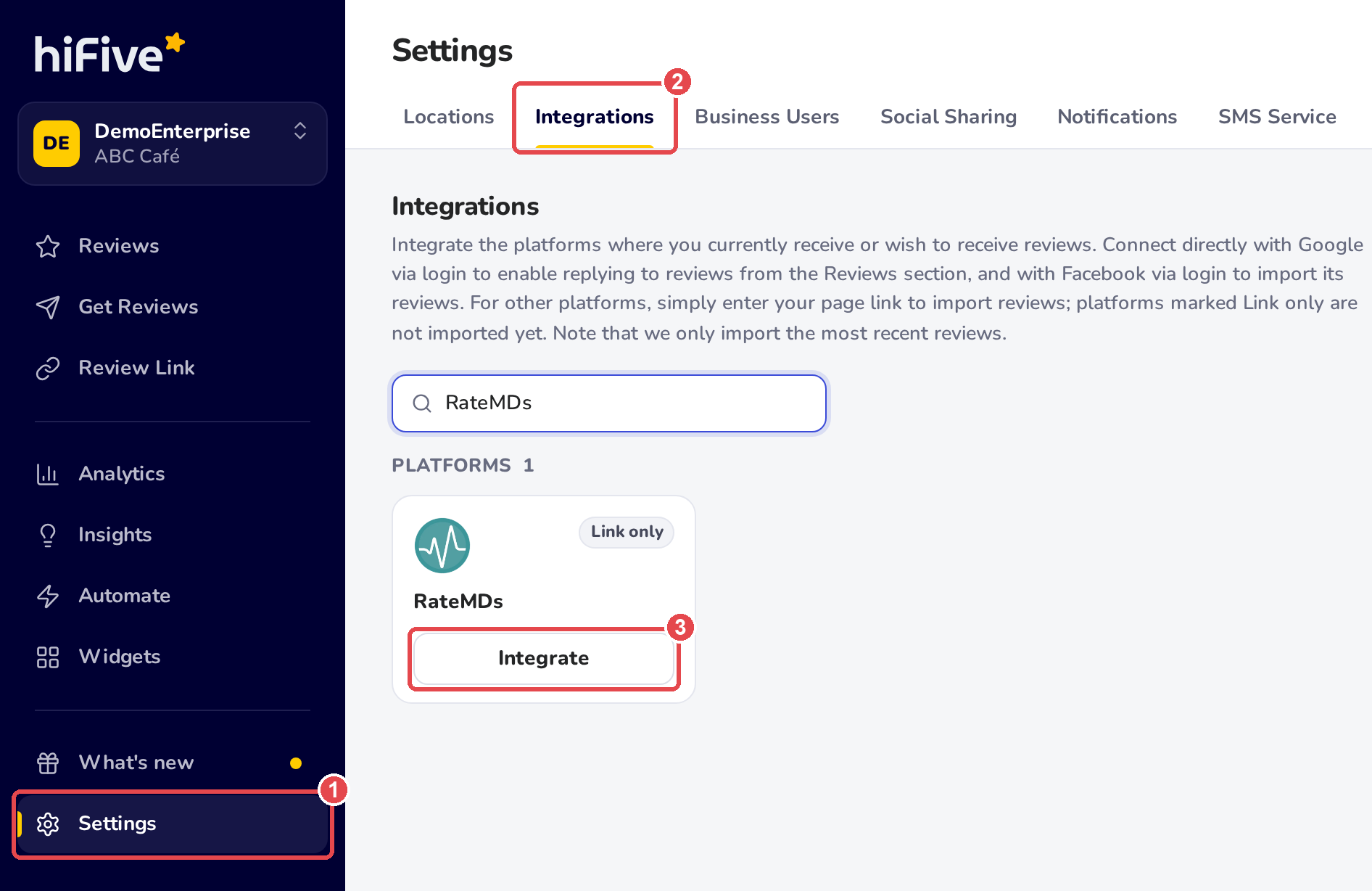 Settings, Integrations: RateMDs typed in the search box, and the RateMDs card, marked Link only, with its Integrate button