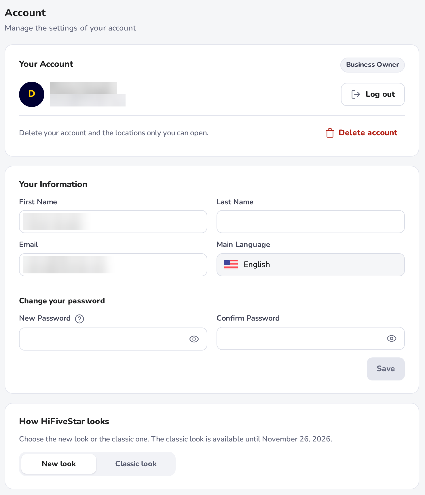Settings, Account: Log out and Delete account, your name, email and language, Change your password, and How HiFiveStar looks with New look and Classic look; the name and email are blurred