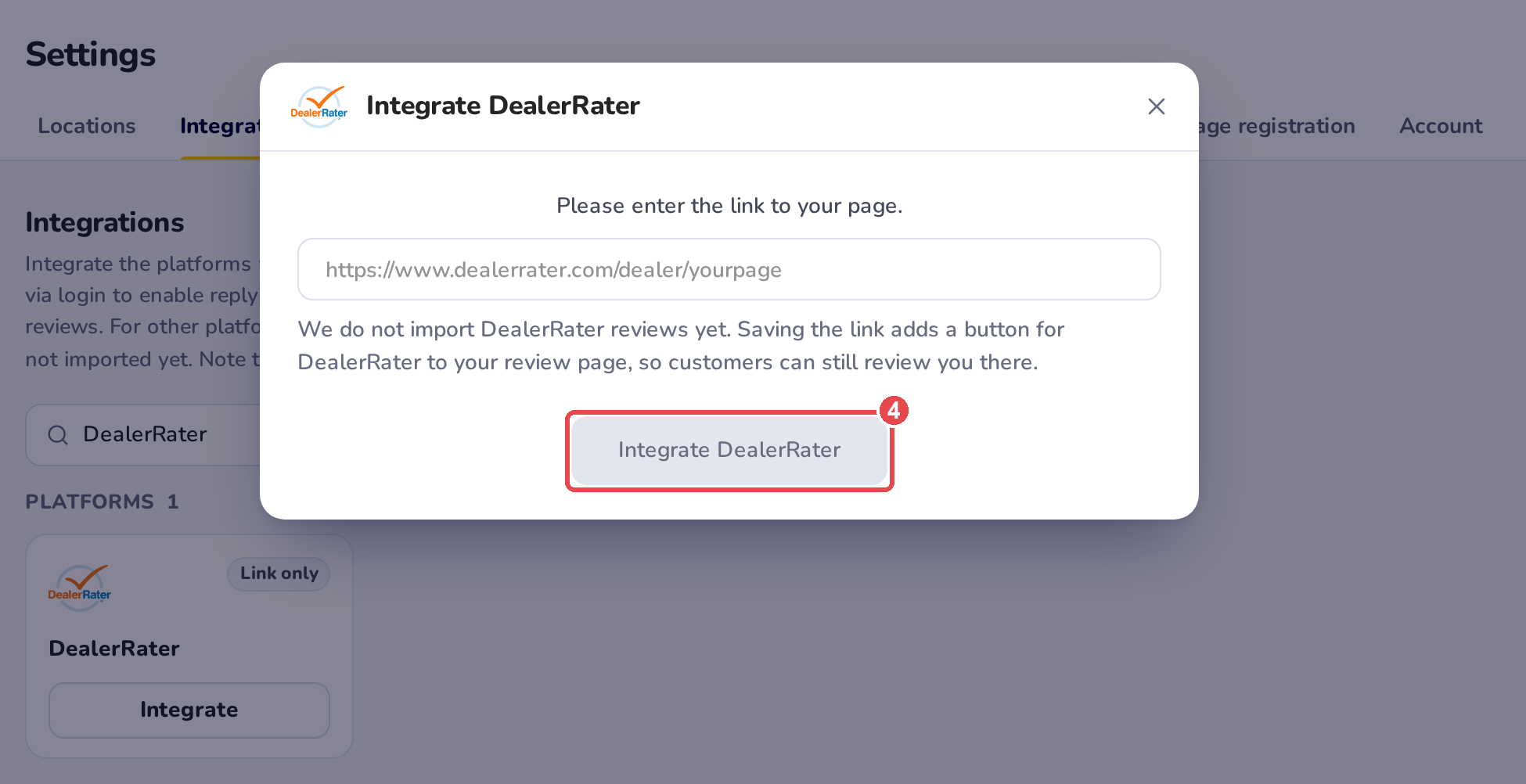 The Integrate DealerRater window: Please enter the link to your page, the field for your DealerRater page link, and the Integrate DealerRater button, grey until a link is in the field
