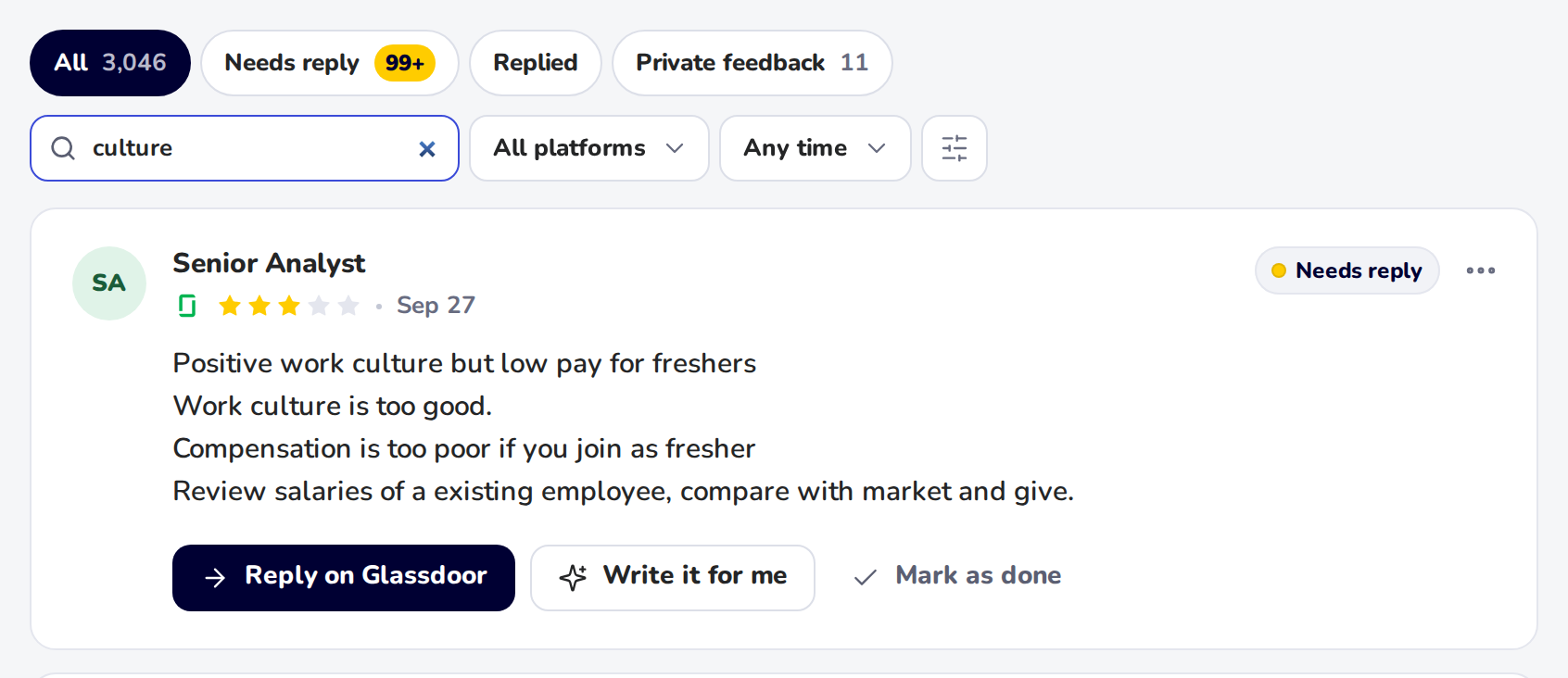 Searching the reviews: a word in the search box and a matching review below