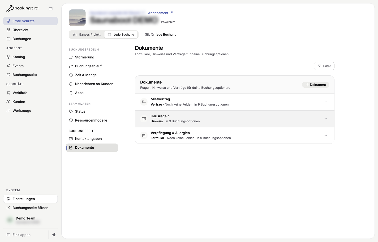 Dokumente: Formular, Hinweis und Vertrag