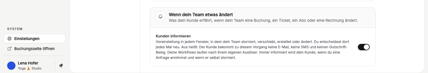 „Kunden informieren“: eine Voreinstellung für dein Team