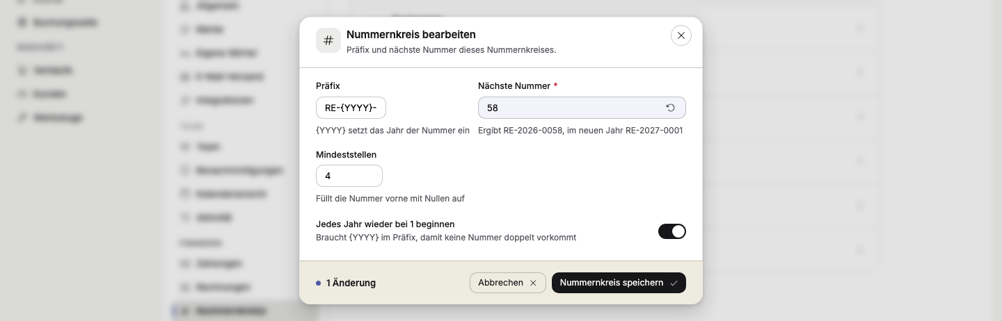 Rechnungsnummern mit Jahr, Stornorechnungen im eigenen Kreis