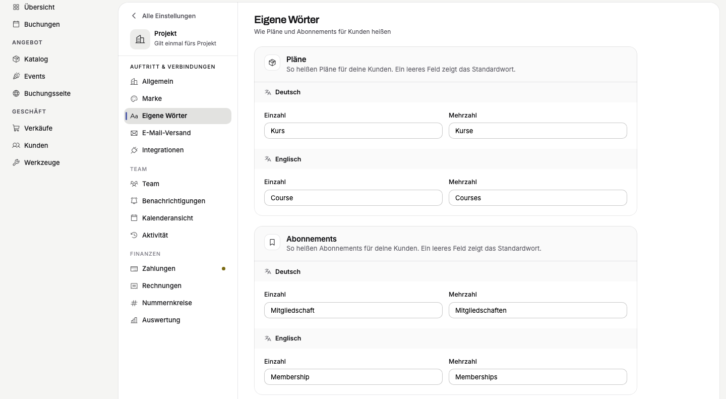 Eigene Wörter für Pläne und Abonnements