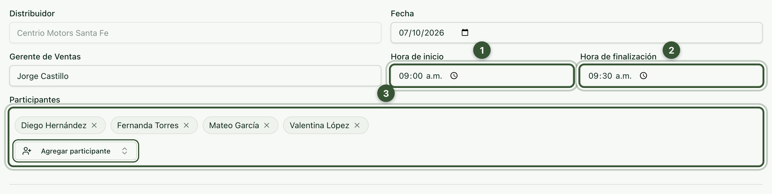Encabezado de la minuta semanal con horas y participantes