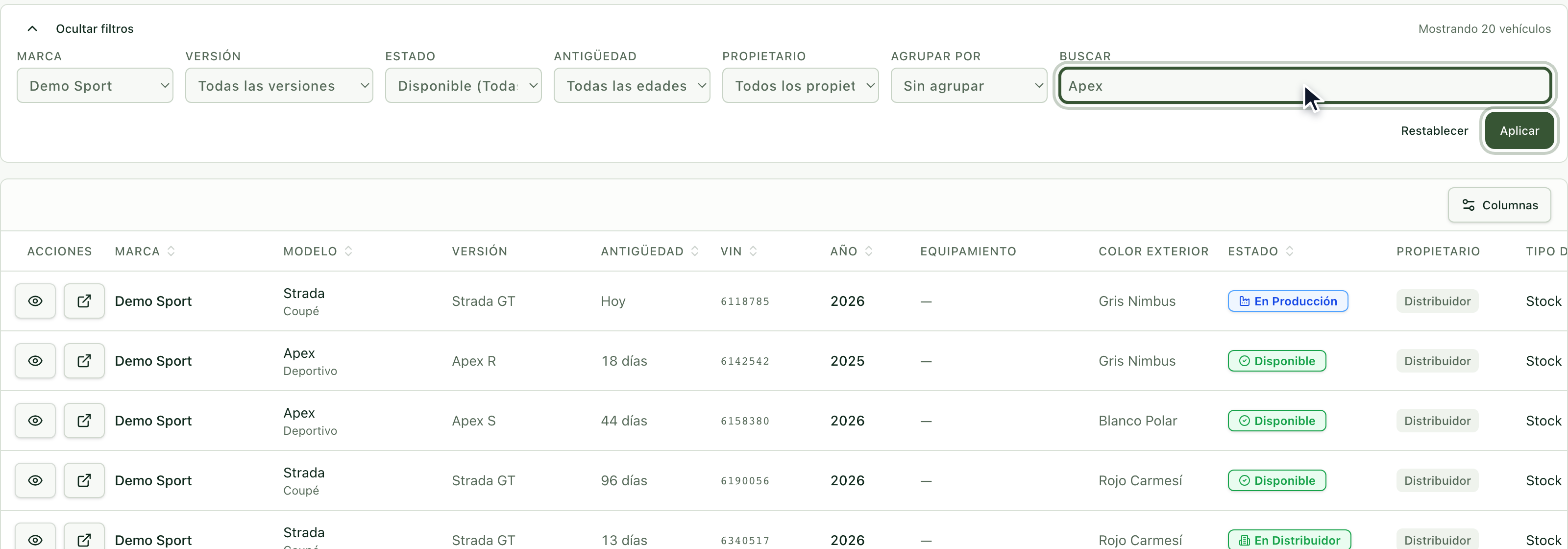 Campo Buscar con la palabra Apex y el botón Aplicar