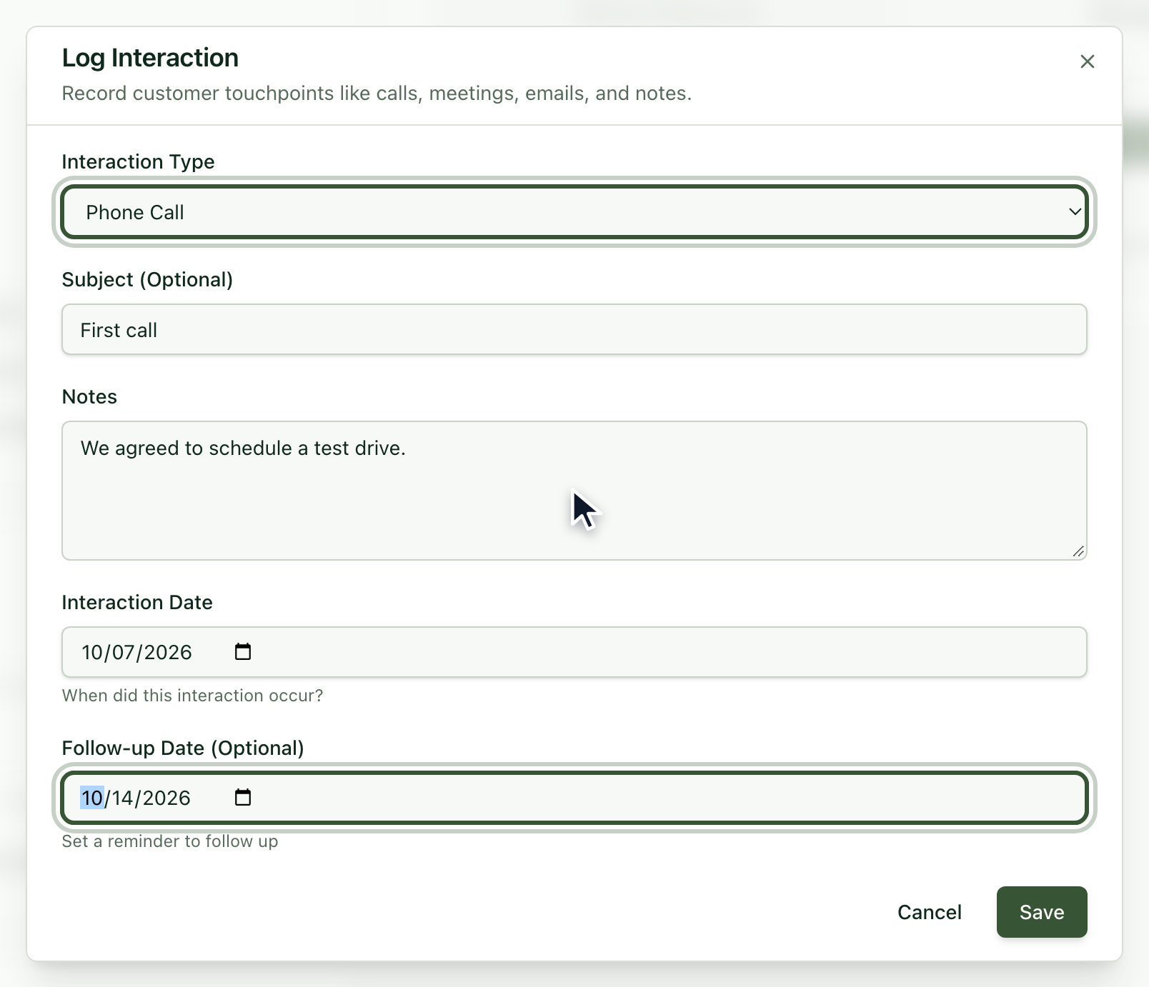 Log Interaction dialog with type, subject, notes and dates