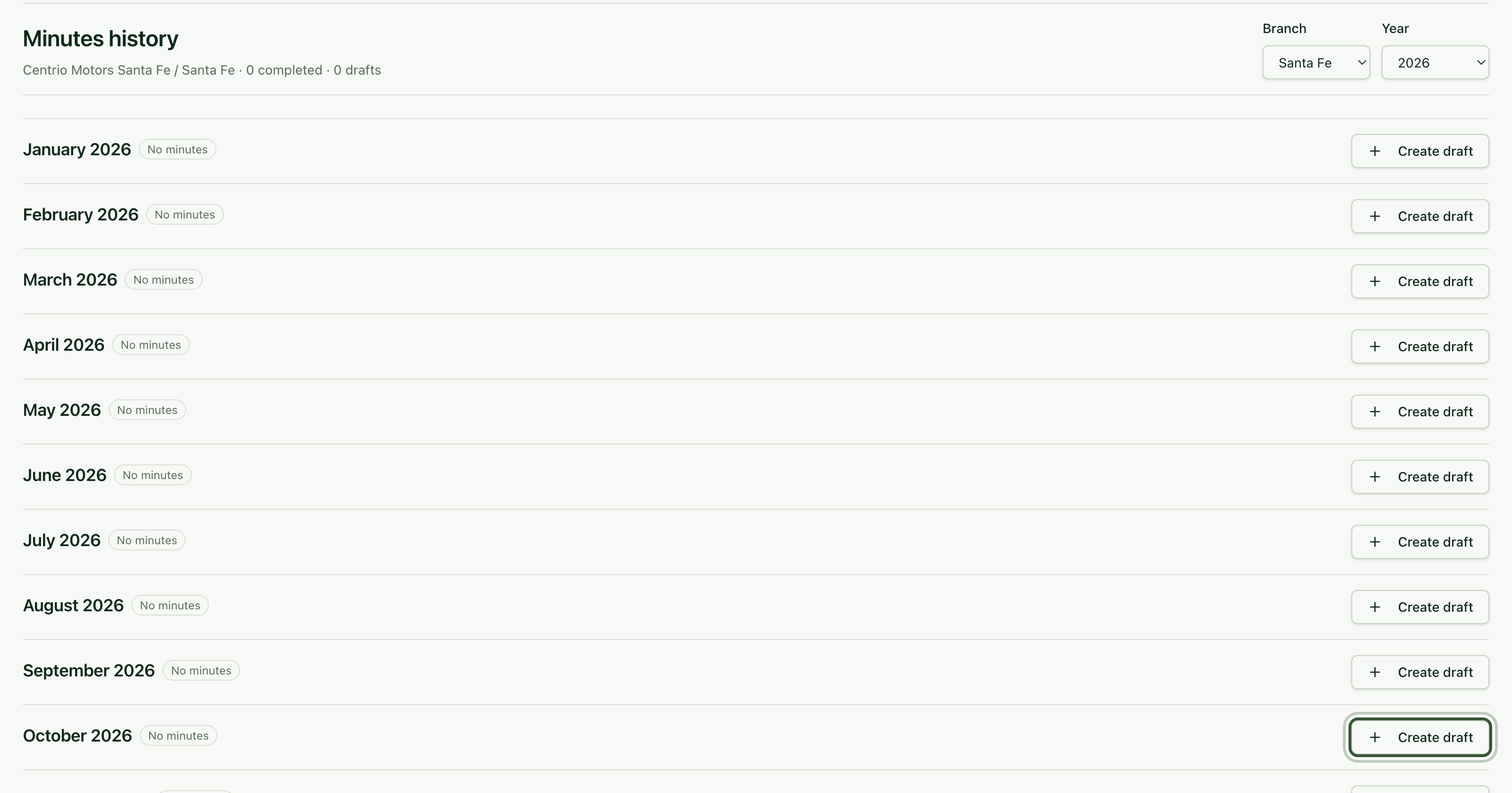 Minutes history with the month's Create draft button