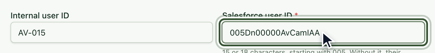 Salesforce user ID field highlighted, with the required asterisk