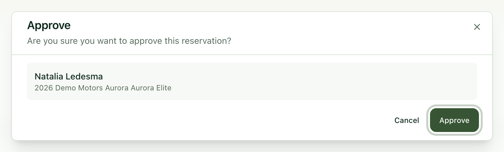 Confirmation window to approve the reservation