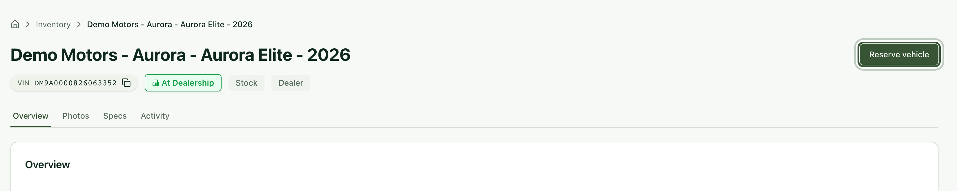 Vehicle page with the Reserve vehicle button