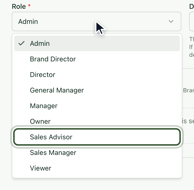 Role list with Sales Advisor highlighted