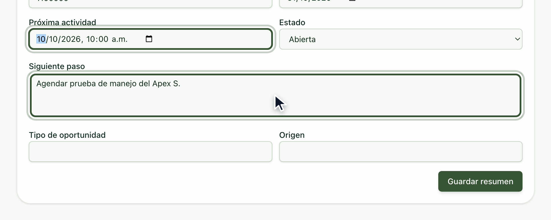 Resumen de la oportunidad con la próxima actividad y el siguiente paso