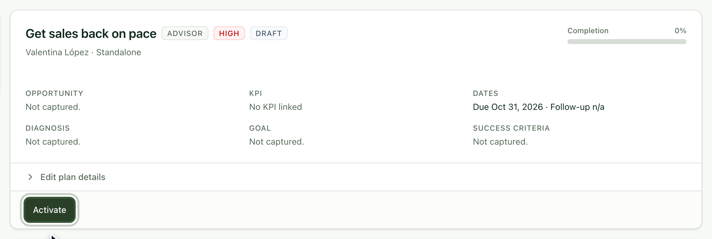 Draft plan header with the Activate button