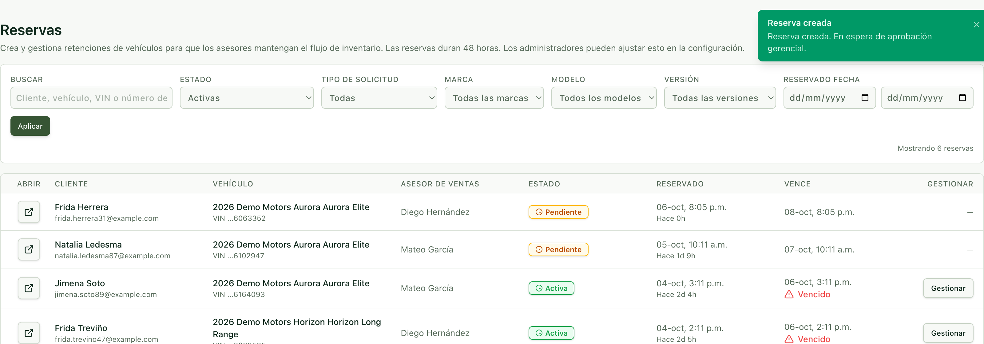 Lista de reservas con la reserva nueva en estado Pendiente