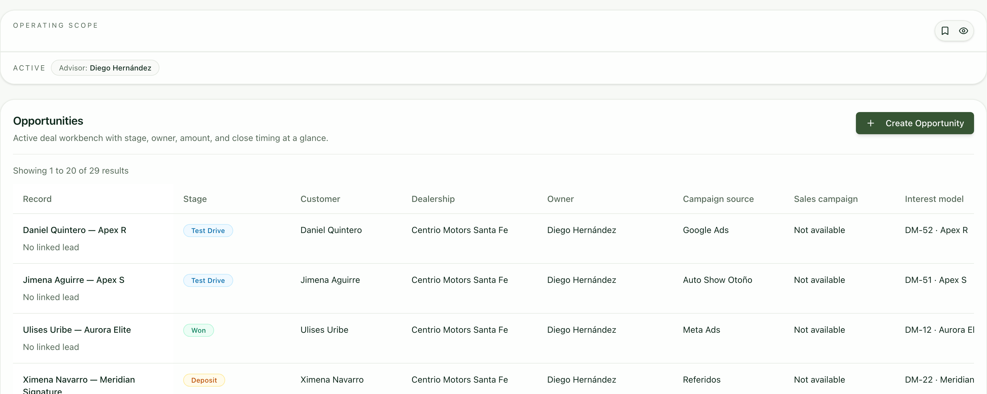 Opportunities list with the Create Opportunity button