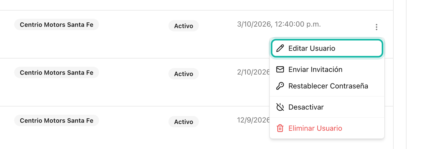 Actions menu with Editar Usuario highlighted