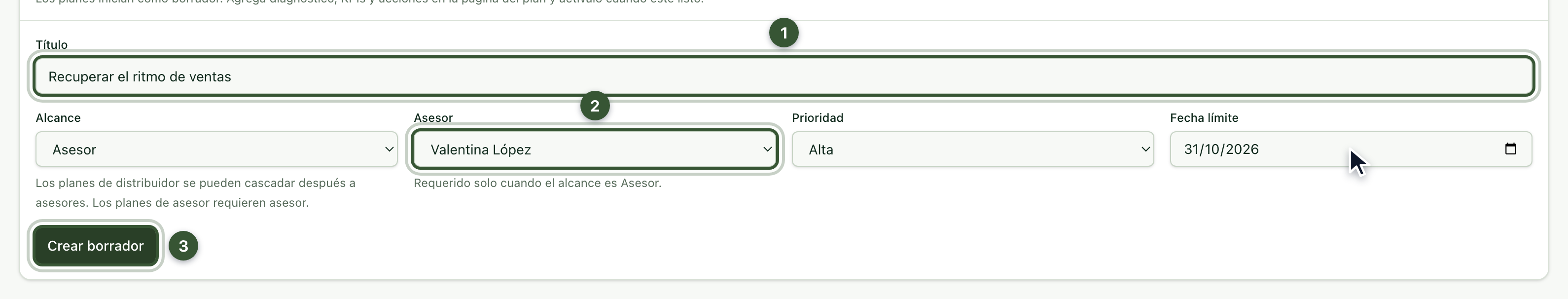 Formulario para crear un plan de acción con título, alcance, asesor, prioridad y fecha límite