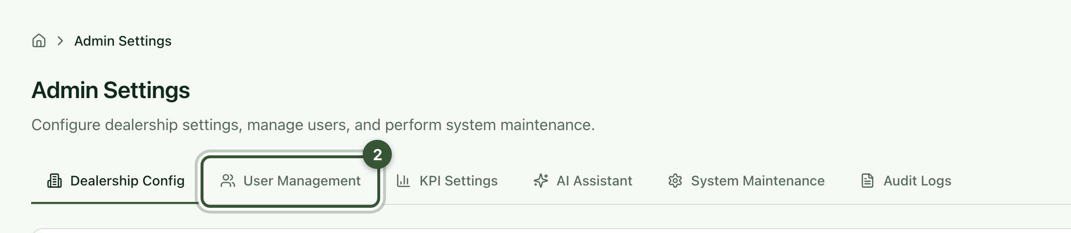 User Management tab in Admin Settings