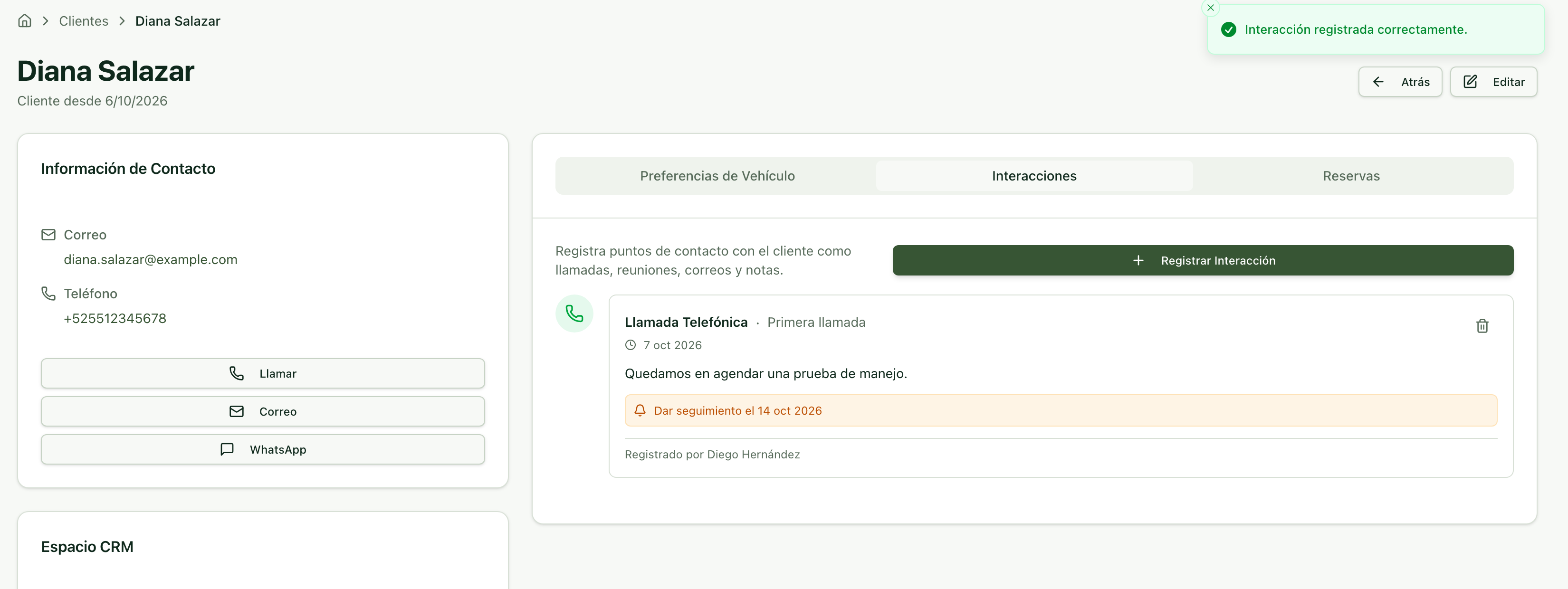 Pestaña Interacciones con la llamada registrada y su fecha de seguimiento