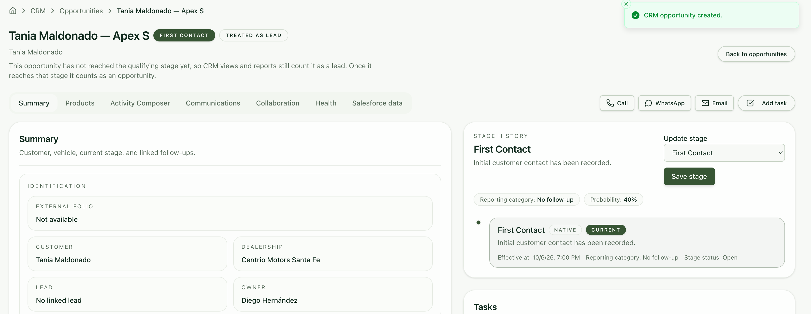 Page of the newly created opportunity