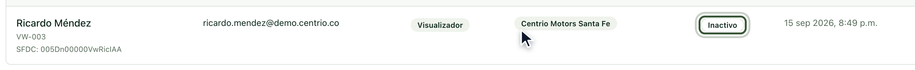 Usuario con estado Inactivo
