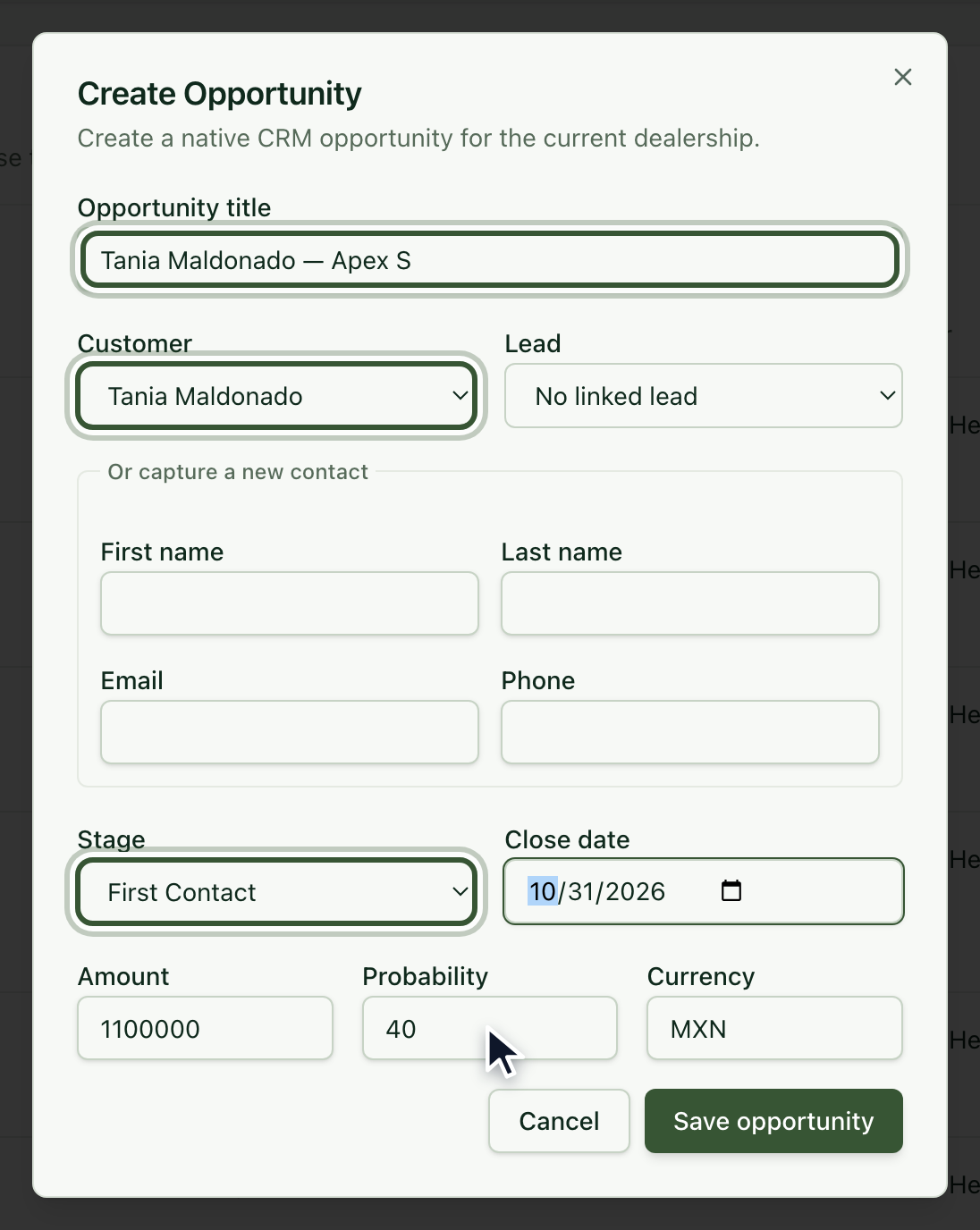 Create Opportunity dialog with title, customer, stage, close date, amount and probability