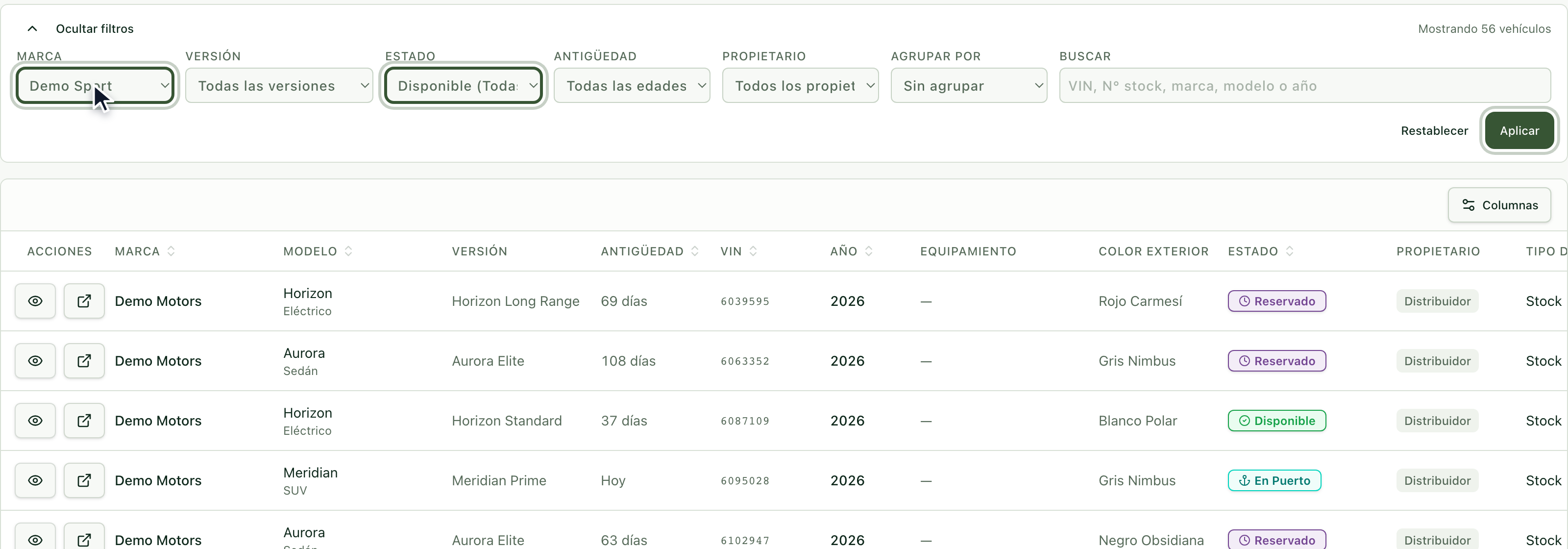 Filtros de inventario con Marca y Estado resaltados y el botón Aplicar