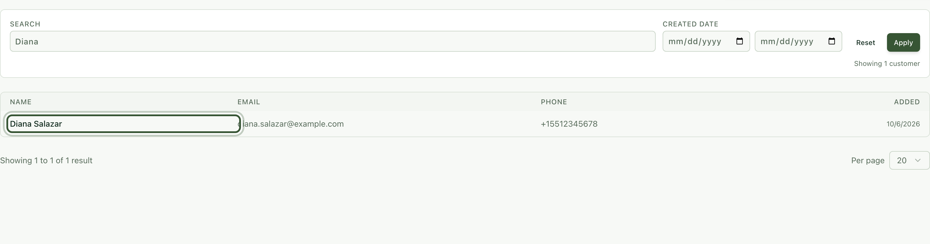 Customer list with the new customer highlighted