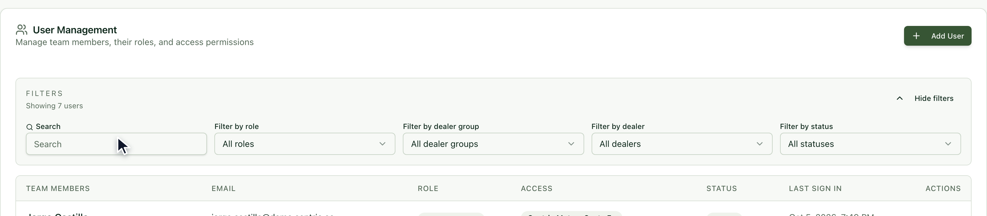 User list with the Add User button