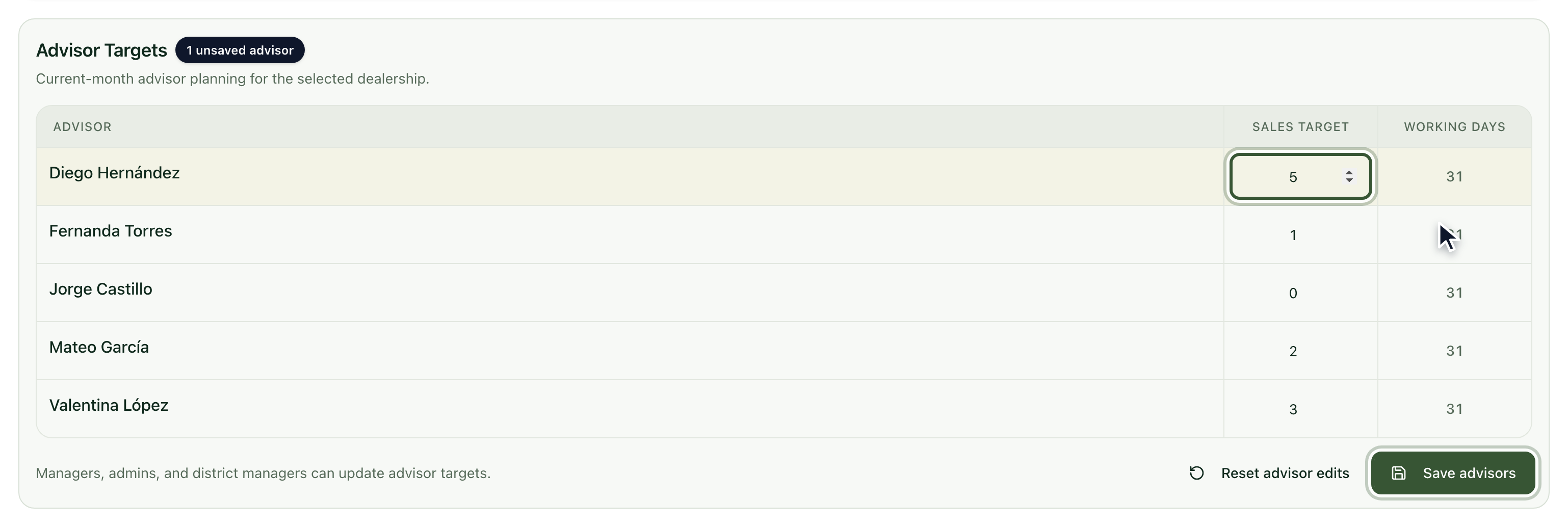 Advisor Targets with one target edited and the Save advisors button