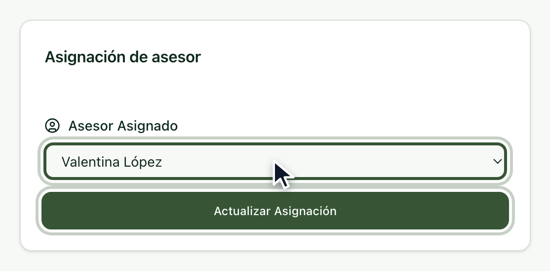 Lista de asesores con el nuevo asesor elegido y el botón Actualizar Asignación