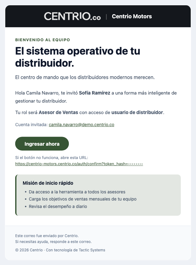 Correo de invitación con el botón Ingresar ahora