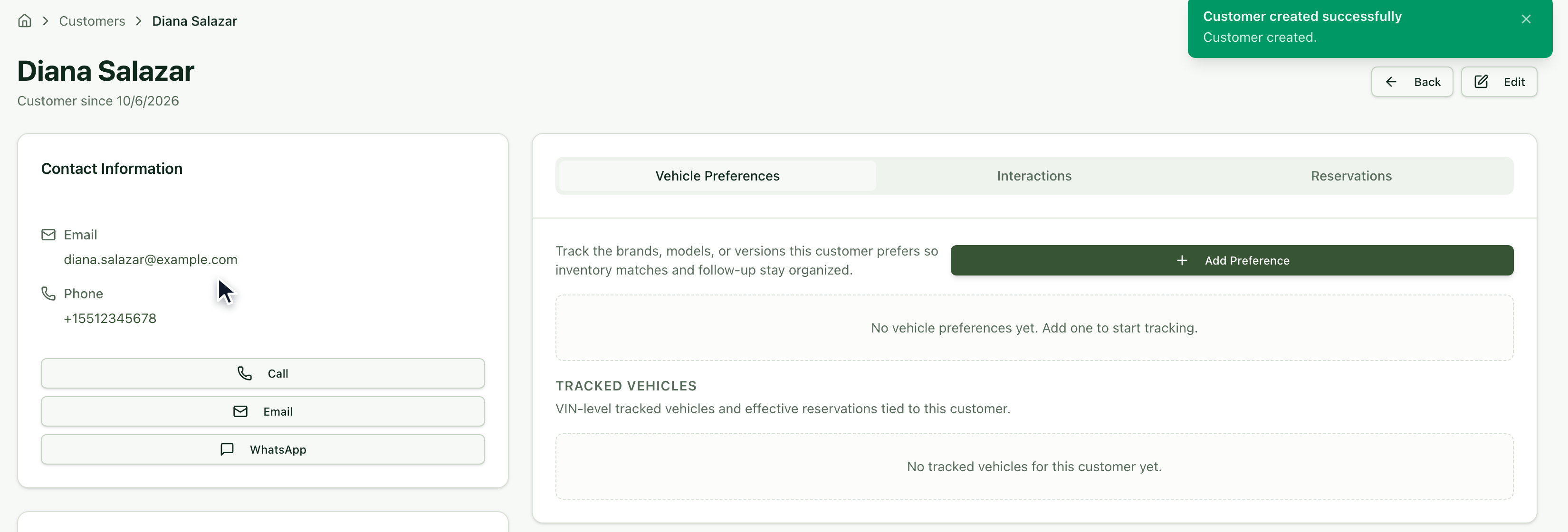 Customer file with contact details and the preferences, interactions and reservations tabs