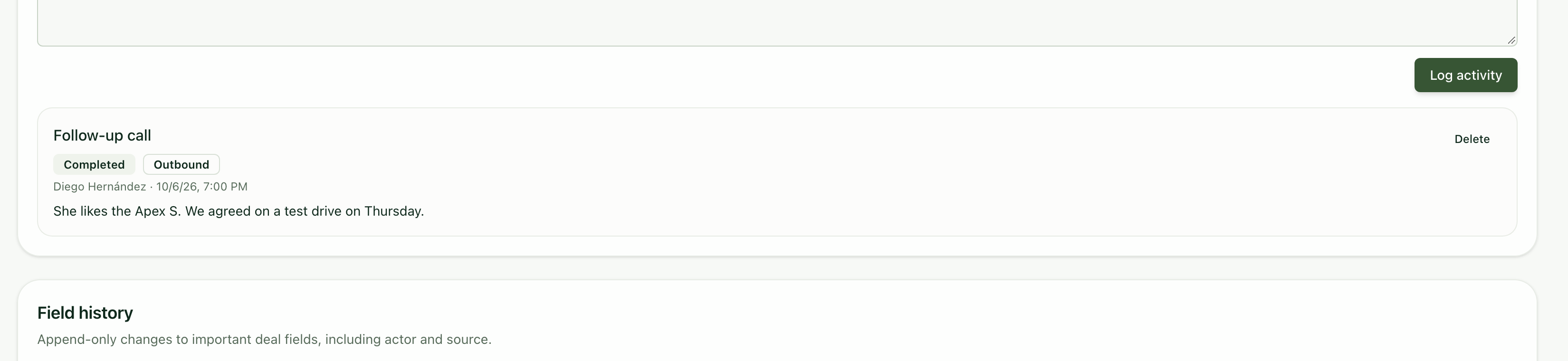 Logged activity in the opportunity's history